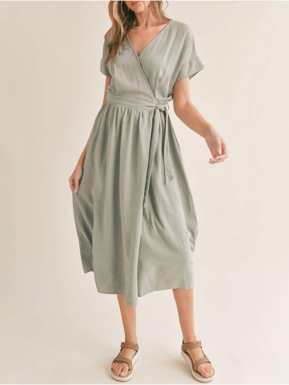 Sadie & Sage Sage Green Wrap Midi Dress